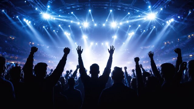 Silhouetted concert crowd with raised hands under bright blue stage lights, energetic live music atmosphere in a large arena