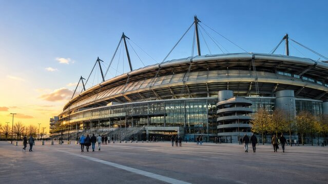 Modern circular stadium exterior at sunset with glass facade, steel cables, spiral ramps and people walking across a wide open plaza