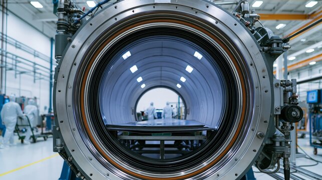 Autoclave door with a carbon fiber composite panel in sharp focus and blurred aerospace workers behind. Concept of aircraft composite manufacturing.