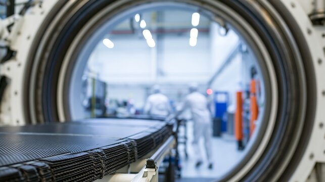 Autoclave door with a carbon fiber composite panel in sharp focus and blurred aerospace workers behind. Concept of aircraft composite manufacturing.