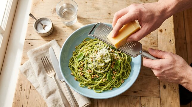 Hands grating fresh parmesan cheese over a bowl of green pesto pasta on a wooden table
