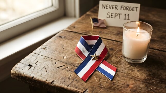 Memorial candle and patriotic ribbon on wooden table for september 11 remembrance