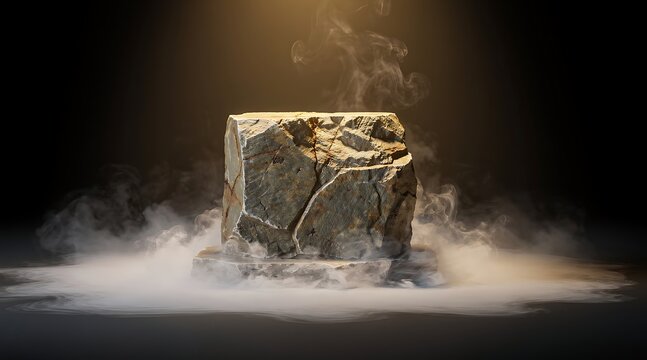 Mysterious Stone Cube Emitting Smoke in Dramatic Lighting.