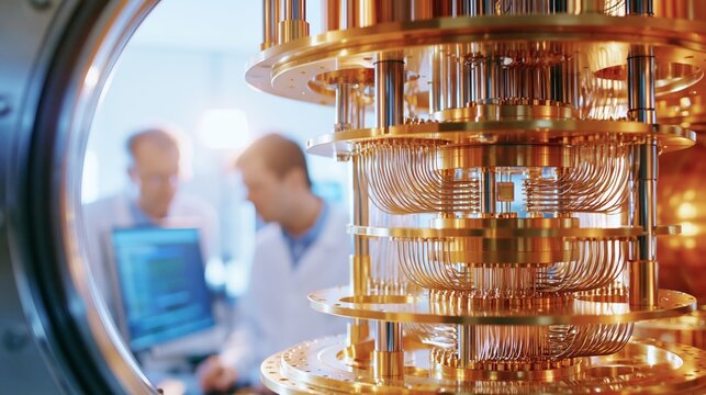 Quantum computing dilution refrigerator chamber with a processor chip in sharp focus and blurred scientists behind. Concept of quantum computing research.