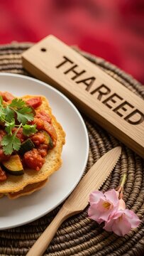 Gourmet Thareed layered bread with vegetable stew, elegant traditional presentation with warm red copy space