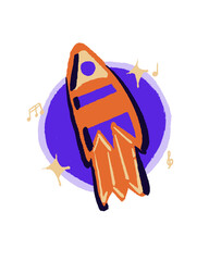 Cute Retro Hand Drawn Rocket Launch with Colorful Cosmic Design © annabellllll