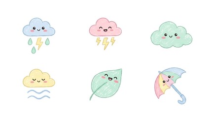 Obraz premium Set of Cute Kawaii Weather Icons with Clouds Rain Lightning Leaf and Umbrella Pastel Colors