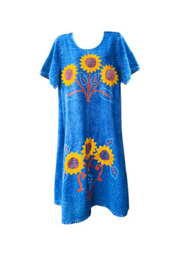 A blue cotton dress made of indigo-dyed fabric with a sunflower pattern isolated on white