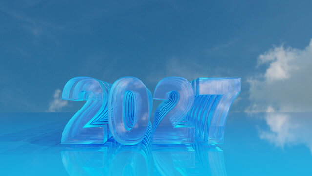 Transparent Glass 2027 Year 3D Text Under Blue Sky