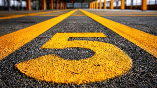 Yellow number five painted on asphalt with parking lines close up photo