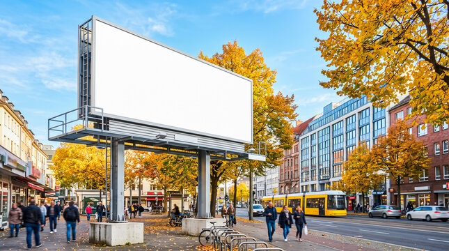 Large blank white outdoor advertising billboard standing alongside busy urban city street intersection surrounded by colorful yellow autumn trees passing pedestrians and motor vehicles