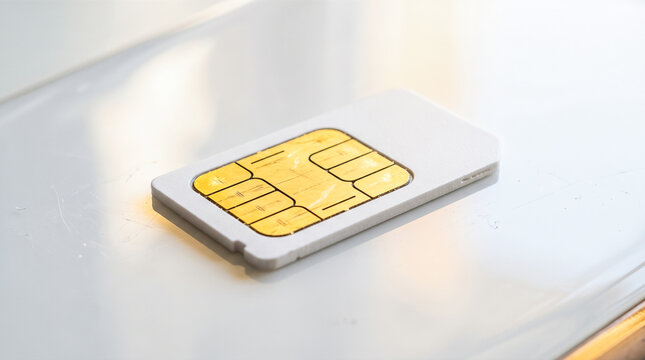 Macro white subscriber identity module card featuring gold microchip resting upon bright reflective desk surface showing detailed electronic telecommunication components for network connection