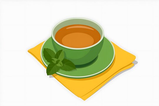 Green cup of hot mint tea on a yellow napkin isolated on white background