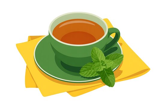 Green cup of hot mint tea with fresh leaves on a yellow napkin isolated on white background