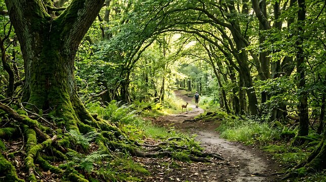 Enchanting forest path through a lush green woodland canopy.