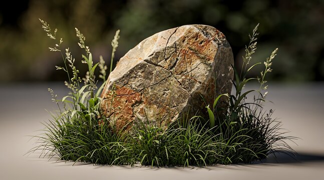 Large weathered stone boulder surrounded by lush green grass and wild plants.