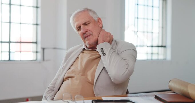 Neck pain, tired or man in office with massage, burnout or joint strain in muscle injury. Tendinitis, bad posture or mature employee in agency with discomfort, stiffness or fatigue in cervical sprain