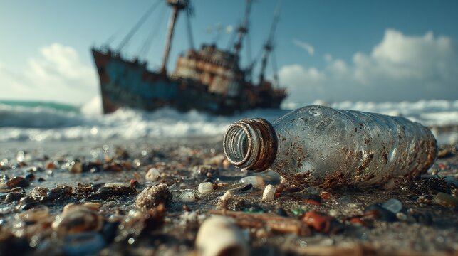 Polluted Beach Scene with Plastic Waste and Ship in Background.