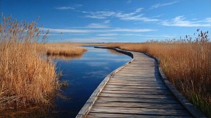 Obraz premium Serene Wooden Boardwalk Over Marshland During Sunset.