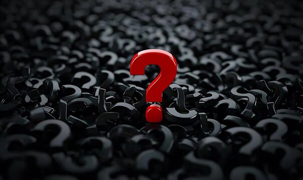 A vibrant red question mark symbol isolated on a dark background with many other black question marks.