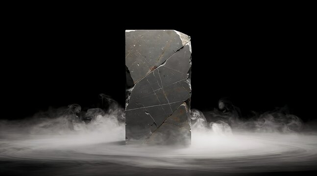 A solitary stone monolith stands in swirling mist against a dark background.