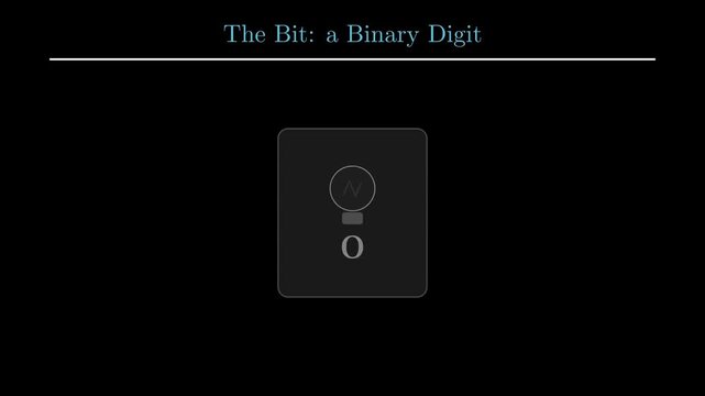 2D animation illustrating digital memory units from single bit to byte and memory word architecture with data bus transitions