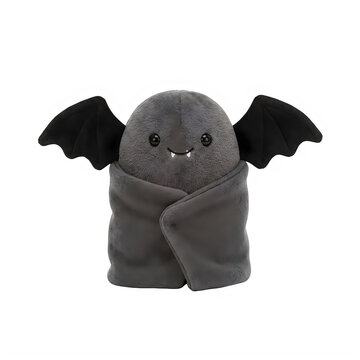 Cute baby bat animal character wrapped in blanket, Halloween plush toy, gray and black soft cushion, adorable spooky creature isolated PNG with Transparent Background halloween