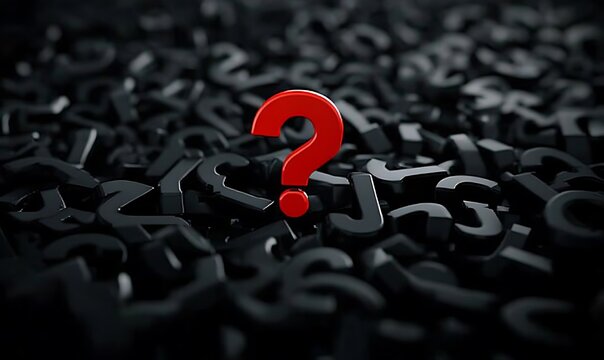 Red question mark stands out among many dark question marks on a black background.