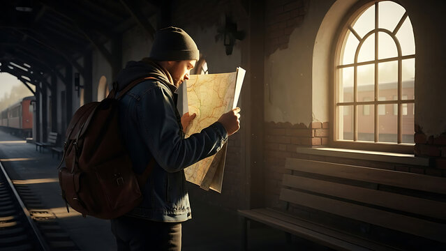 Traveler with backpack looking at a paper map inside a vintage train station platform