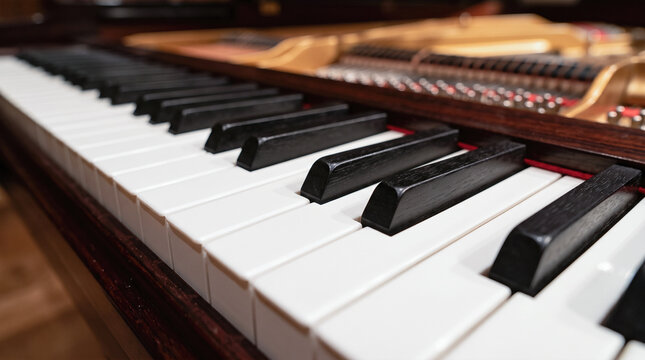 Close up perspective showcasing traditional grand piano keyboard featuring black white keys wooden instrument classical music acoustic melody entertainment performance equipment concert