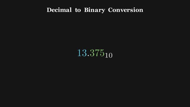 2D animation of decimal to binary conversion showing repeated division by two and remainder tracking with clean motion graphics