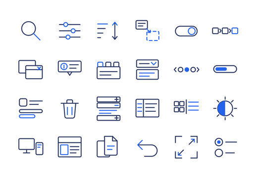 UI UX interface icon set, 24 web UI elements: search, filter, sort, toggle switch, breadcrumb, modal, tooltip, tabs, dropdown, pagination, progress bar, delete, accordion, dark mode, editable stroke