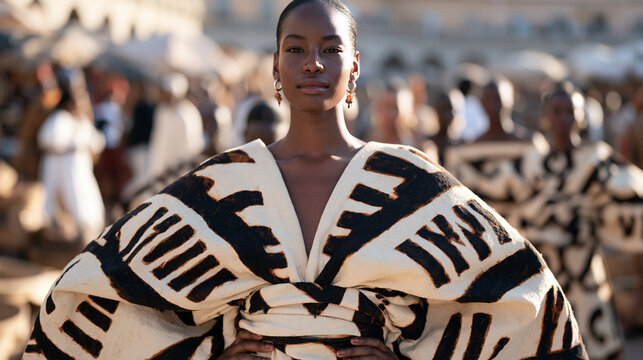 Malian mud cloth model wearing a finished bogolan garment stands confidently in a busy urban street market among pedestrians and vendors, a group of fellow models behind her in