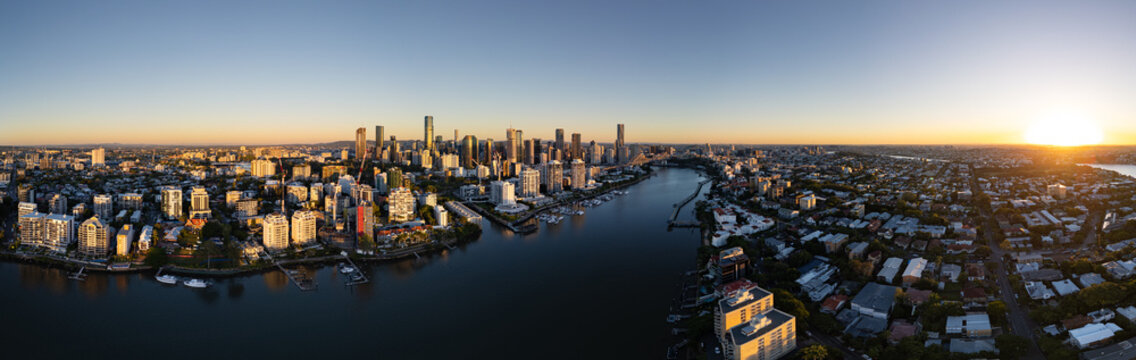 Sunset aerial view of Brisbane city and the Brisbane River
