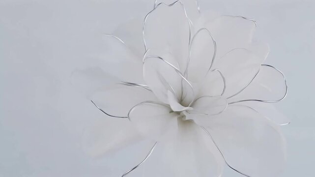 White artificial flower with silver wire outlines rotating against light gray background
