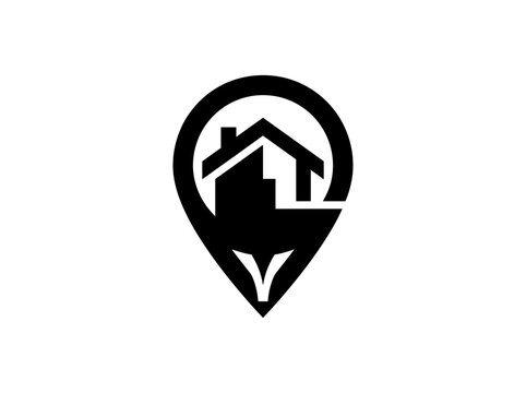 Real estate location pin icon. House symbol inside a map marker for property navigation.