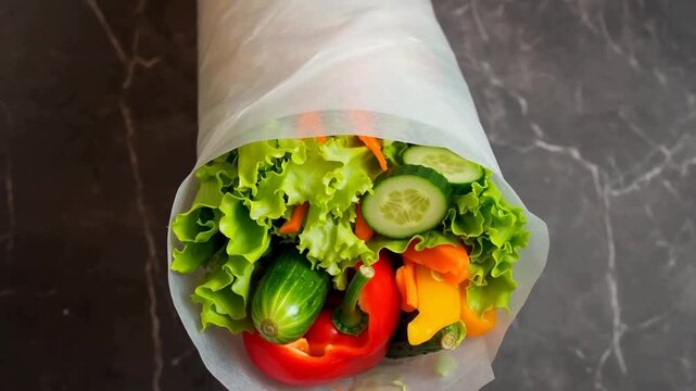 Fresh vegetable wrap with lettuce, cucumber, bell peppers, and zucchini in parchment paper on dark marble surface