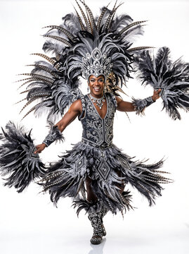 Full-body studio portrait of a smiling male carnival performer in an opulent charcoal and silver feathered costume on pure white background