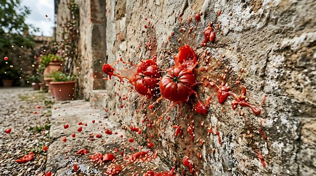Fresh red tomatoes smashed against a rustic old stone wall in Italy.