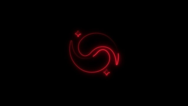 Red neon taegeuk symbol with four-pointed stars on black background