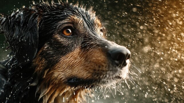 Close-Up of Wet Dog in Water Splashing Effect.