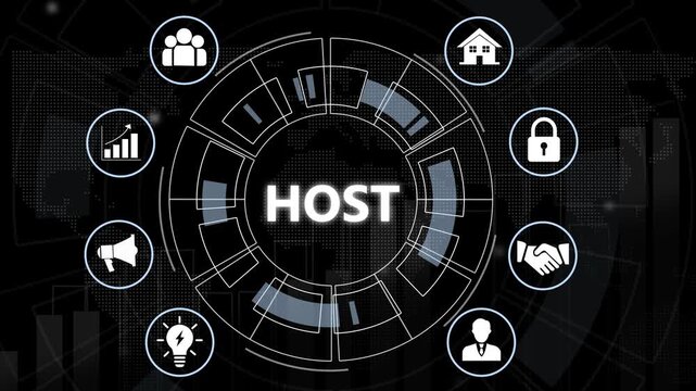Digital hosting concept animation featuring interactive circular user interface for web development, cloud infrastructure, server management, and secure global network connectivity solutions