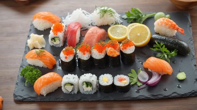 Assorted sushi platter featuring salmon, tuna, shrimp, and roe rolls with lemon, garnishes, and condiments on slate board