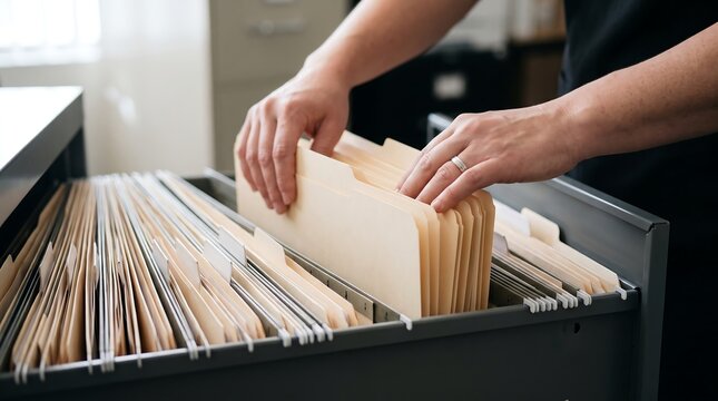 A person's hands are shown from above, carefully sorting through manila folders filled with documents inside a metal filing cabinet drawer in an office setting.