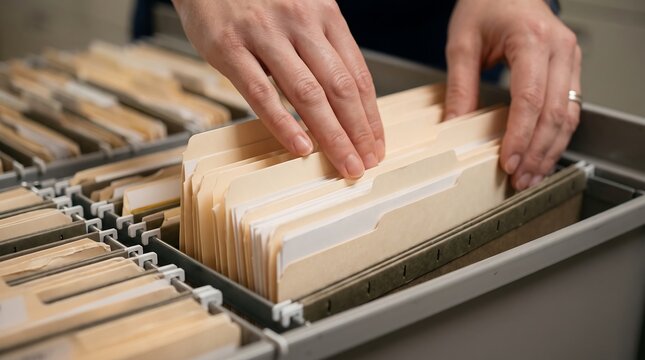 A person's hands are shown meticulously organizing manila file folders within a grey filing cabinet drawer, suggesting office work or record keeping.