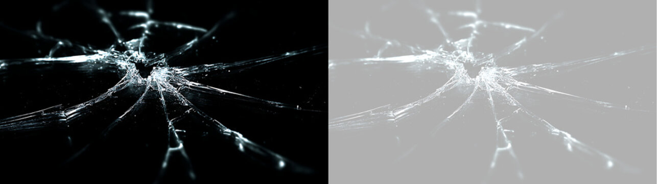 Broken glass overlay effect with central impact point and radiating cracks. Realistic shattered glass texture on black and transparent background