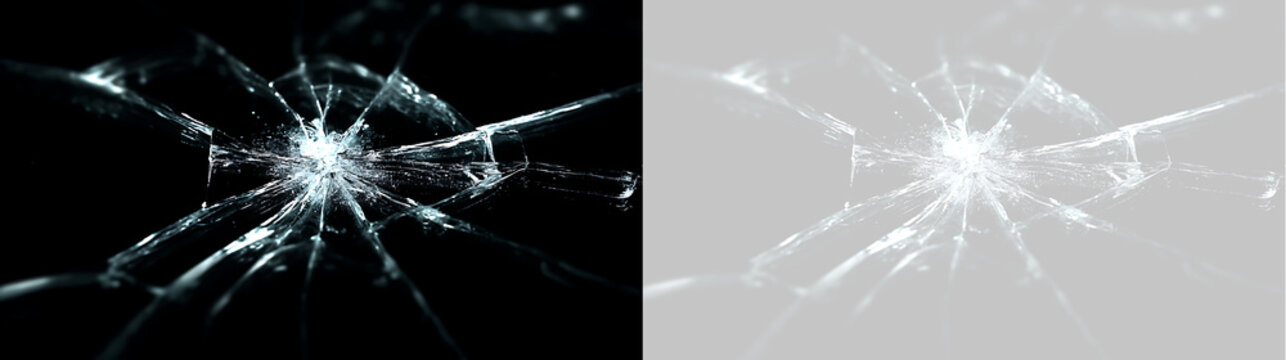 Spiderweb broken glass fracture pattern. Realistic cracked glass texture overlay on black and transparent background
