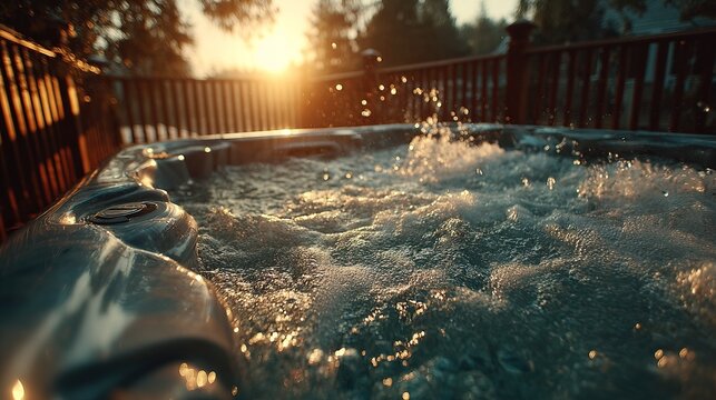 Relaxing Hot Tub Scene During Sunset with Bubbles and Warm Lighting.