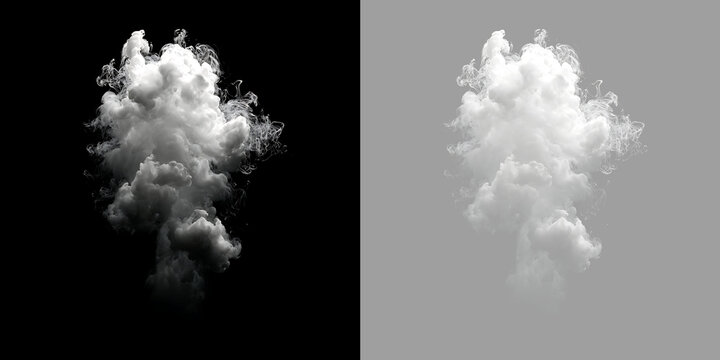 White smoke cloud explosion isolated on transparent background. Thick vapor burst visual effect overlay
