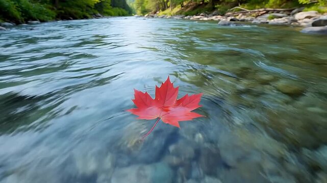 Red maple leaf floating on clear river water with rocky bed and green forest backdrop